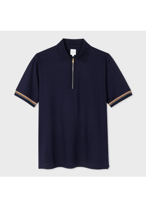 Paul Smith Navy Cotton 'Signature Stripe' Trim Zip Polo Shirt Blue