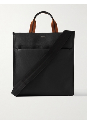 Zegna - Striped Webbing-Trimmed Full-Grain Leather Tote Bag - Men - Black