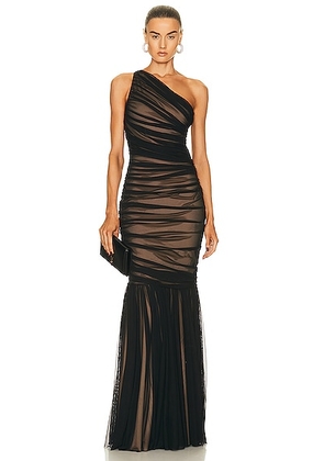 Norma Kamali Diana Fishtail Gown in Black Mesh & Nude - Black. Size L (also in M, S, XL, XS).