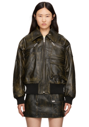 GCDS Black Workwear Rub-Off Leather Jacket