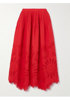 Ulla Johnson - Annisa Pleated Broderie Anglaise Linen And Cotton-blend Midi Skirt - Red - US0,US2,US4,US6,US8,US10,US12