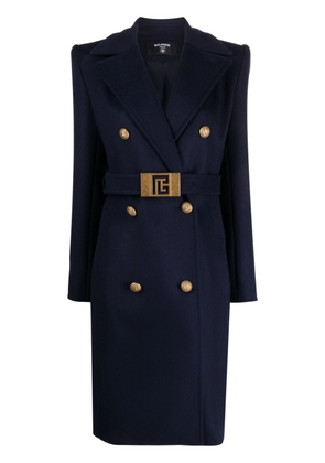 Balmain belted double-breasted wool coat - Blue