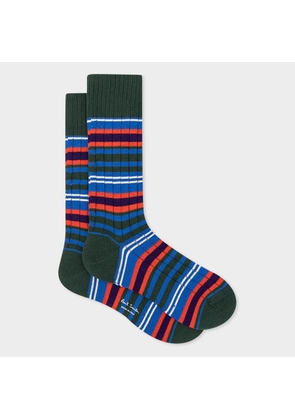 Paul Smith Dark Green And Blue Stripe Cotton-Blend Socks