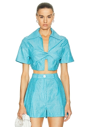 MATTHEW BRUCH Cropped Collared Twist Top in Bright Blue Crinkle - Blue. Size 1 (also in 2, 3, 4).