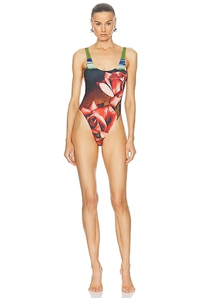 Jean Paul Gaultier Roses One Piece Swimsuit in Green  Red  & Blue - Green. Size L (also in M, S, XL, XS, XXS).