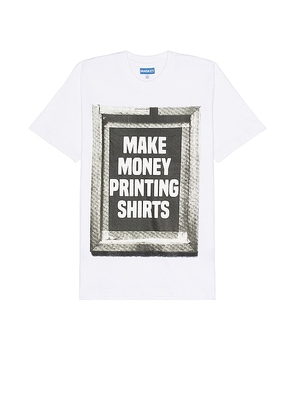 Market Printing Money T-shirt in White. Size S.