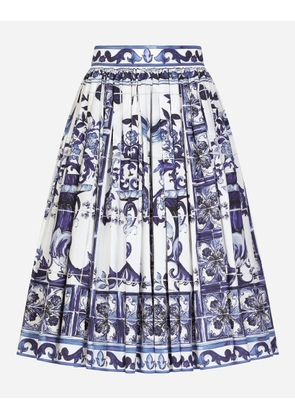 Dolce & Gabbana Poplin Midi Skirt With Majolica Print - Woman Skirts Blue Cotton 38