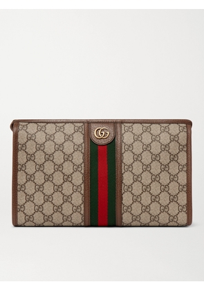 Gucci - Ophidia Leather and Webbing-Trimmed Logo-Jacquard Coated-Canvas Wash Bag - Men - Brown