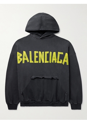 Balenciaga - Tape Type Oversized Distressed Logo-Print Cotton-Jersey Hoodie - Men - Black - 1