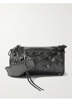 Balenciaga - Le Cagole Studded Metallic Crinkled-Leather Messenger Bag - Men - Gray