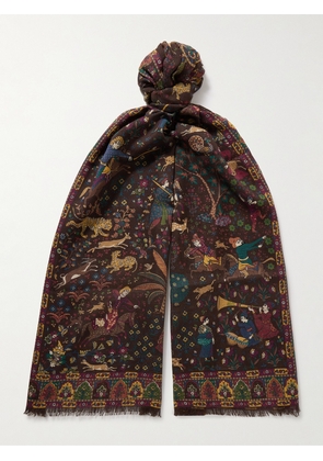 Drake's - Mughal Hunter Frayed Printed Wool and Silk-Blend Scarf - Men - Brown