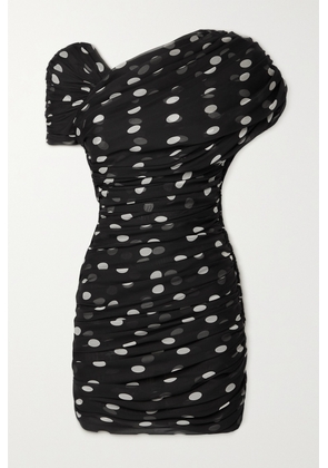 SAINT LAURENT - Asymmetric Ruched Polka-dot Silk-chiffon Mini Dress - Black - FR36