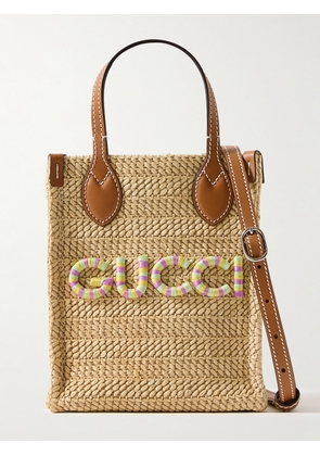 Gucci - Mini Leather-trimmed Appliquéd Raffia Tote - Neutrals - One size