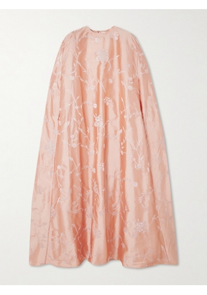 Shatha Essa - Cape-effect Embroidered Silk-blend Satin Gown - Pink - S,M,L,XL