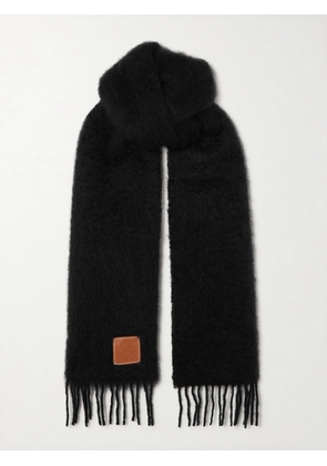 Loewe - Fringed Leather-trimmed Mohair-blend Scarf - Black - One size