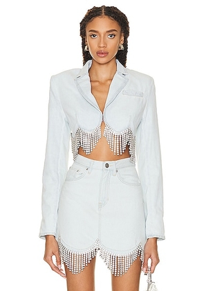 AREA Scalloped Crystal Cropped Denim Jacket in Pale Blue - Blue. Size 0 (also in ).