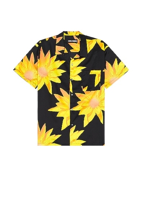 DOUBLE RAINBOUU Short Sleeve Hawaiian Shirt in Gold Lotus - Black. Size S (also in L, M).
