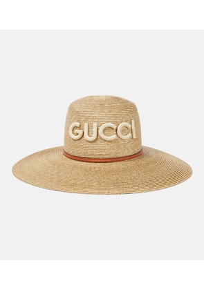 Gucci Logo leather-trimmed straw sunhat
