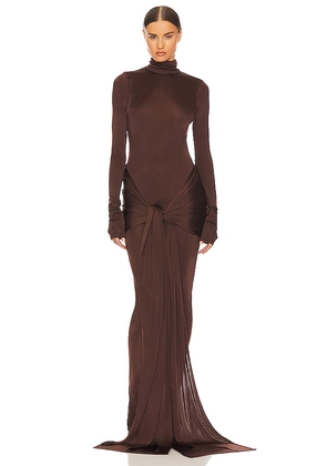 Helsa Slinky Jersey Sarong Maxi Dress in Chocolate. Size L, M, XL.