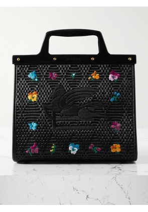 Etro - Love Trotter Leather-trimmed Embroidered Raffia Tote - Black - One size