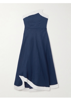 STAUD - Sirani Strapless Asymmetric Two-tone Linen Midi Dress - Blue - US0,US2,US4,US6,US8,US10,US12