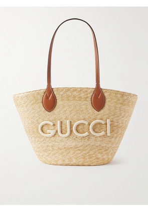 Gucci - Leather-trimmed Appliquéd Raffia Tote - Neutrals - One size