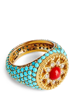 L'Atelier Nawbar Yellow Gold, Diamond, Turquoise And Coral Cosmic Love Pinky Ring
