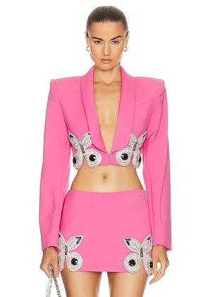 AREA Embroidered Butterfly Cropped Blazer In Carmine Pink in Carmine Rose - Pink. Size 8 (also in ).