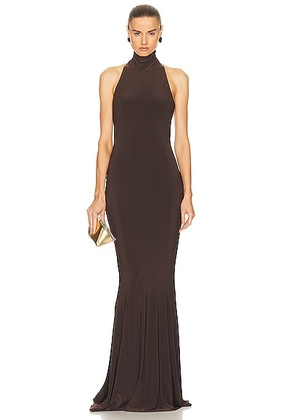 Norma Kamali Halter Turtleneck Fishtail Gown in Chocolate - Chocolate. Size M (also in L, S, XL).