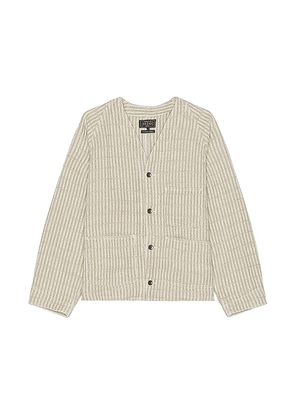 Beams Plus Engineer Jacket Linen Hickory Stripe in Nude. Size S, XL/1X.