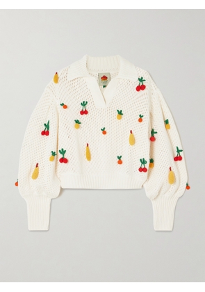 Farm Rio - Appliquéd Open-knit Cotton Sweater - Off-white - xx small,x small,small,medium,large,x large