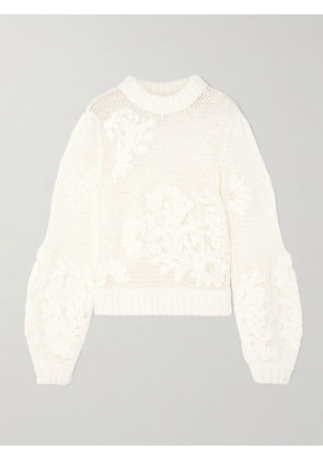 Farm Rio - Appliquéd Open-knit Cotton-blend Sweater - White - xx small,x small,small,medium,large,x large