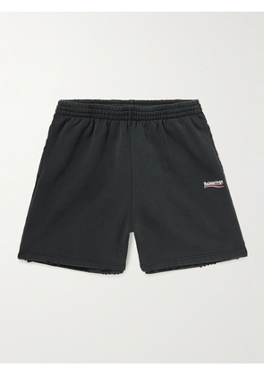 Balenciaga - Wide-Leg Logo-Embroidered Distressed Cotton-Jersey Shorts - Men - Black - XXS