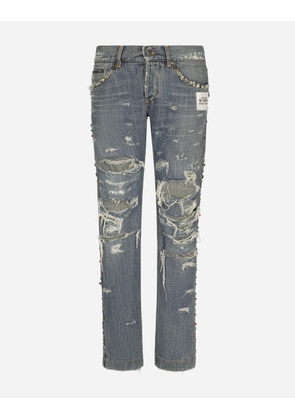 Dolce & Gabbana Washed Denim Jeans With Studs And Rips - Man Denim Multi-colored Denim 48