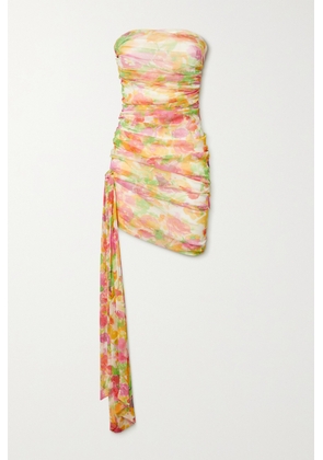 SAINT LAURENT - Strapless Asymmetric Ruched Floral-print Tulle Mini Dress - Pink - FR36