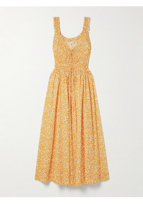 DÔEN - Emmaretta Tie-detailed Shirred Floral-print Organic Cotton-voile Midi Dress - Yellow - xx small,x small,small,medium,large,x large,xx large