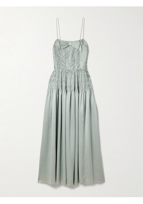 DÔEN - Ambrosia Bow-detailed Shirred Silk-satin Midi Dress - Blue - x small,small,medium,large,x large