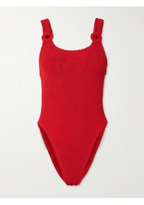Hunza G - Domino Embellished Seersucker Swimsuit - Red - Beachwear One Size