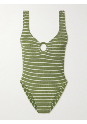 Hunza G - Celine Striped Metallic Seersucker Swimsuit - Green - Beachwear One Size