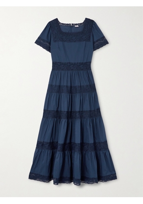 Loretta Caponi - Tiered Lace-trimmed Cotton-poplin Midi Dress - Blue - x small,small,medium,large,x large