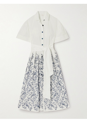 Loretta Caponi - + Net Sustain Zoe Belted Embroidered Cotton-poplin Midi Shirt Dress - Blue - x small,small,medium,large,x large