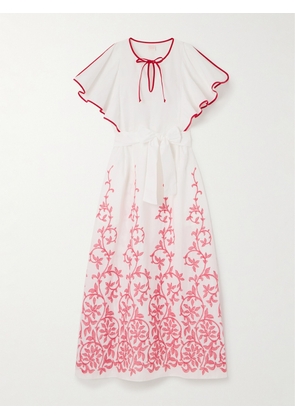 Loretta Caponi - + Net Sustain Daisy Belted Embroidered Cotton-poplin Midi Dress - x small,small,medium,large,x large