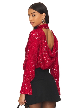 1. STATE Sequin Drape Back Top in Red. Size M, S, XS.