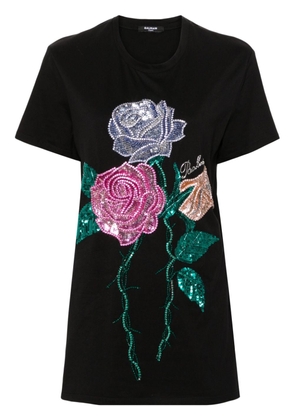 Balmain rose-appliqué cotton T-shirt - Black