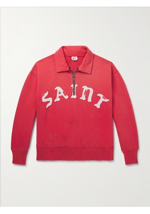 SAINT Mxxxxxx - Distressed Logo-Appliquéd Cotton-Jersey Half-Zip Sweatshirt - Men - Red - S