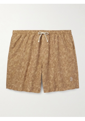 Brunello Cucinelli - Straight-Leg Mid-Length Logo-Embroidered Printed Swim Shorts - Men - Brown - XS