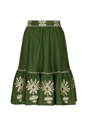Andres Otalora - Mulata Embroidered Linen Midi Skirt - Olive - US 0 - Moda Operandi