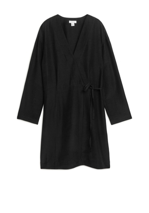 Linen Blend Wrap Dress - Black