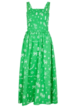 Damson Madder Kiera Printed Cotton Midi Dress - Green - 10 (UK10 / S)