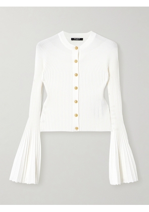 Balmain - Pleated Ribbed-knit Cardigan - White - FR34,FR36,FR38,FR40,FR42